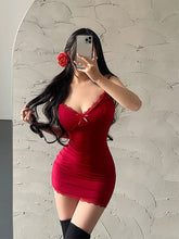 Sexy Sommer Minikleid Damen Spitze Rot Camisole Sommerkleid Ärmellos V-Ausschnitt Basic Bodycon Kleider Lady Club Party Y2k Kleidung